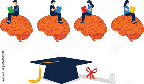 Illustrated human brains with diverse readers and graduation symbols representing education, intellectual growth, academic success, and lifelong learning through reading.