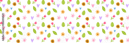 Easter Holiday Vector Background Banner with Colorful Eggs, Spring Flowers, and Green Leaves on a White Background. Festive Horizontal header for Seasonal Greeting Cards and Website Decor.