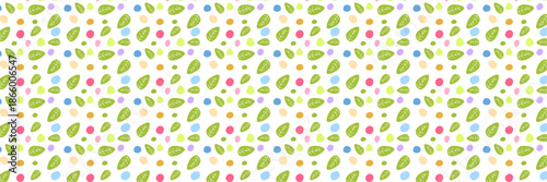 Easter Holiday Vector Background Banner with Colorful Eggs, Spring Flowers, and Green Leaves on a white background. Festive Horizontal header for Seasonal Greeting Cards and Website Decor.