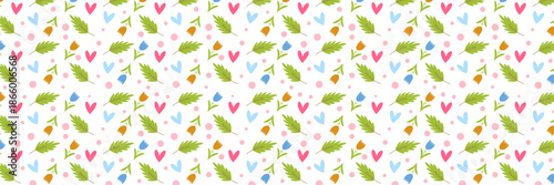 Easter Holiday Vector Background Banner with Spring Flowers and Green Leaves on a White background. Festive Horizontal header for Seasonal Greeting Cards and Website Decor.