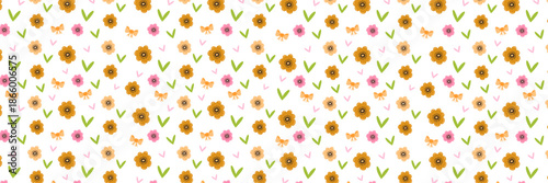Easter Holiday Vector Background Banner with Colorful Eggs, Spring Flowers, and Green Leaves on a white background. Festive Horizontal header for Seasonal Greeting Cards and Website Decor.