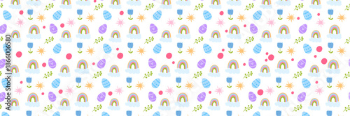 Easter Holiday Vector Background Banner with Colorful Eggs, Spring Flowers, and Green Leaves on a white background. Festive Horizontal header for Seasonal Greeting Cards and Website Decor.