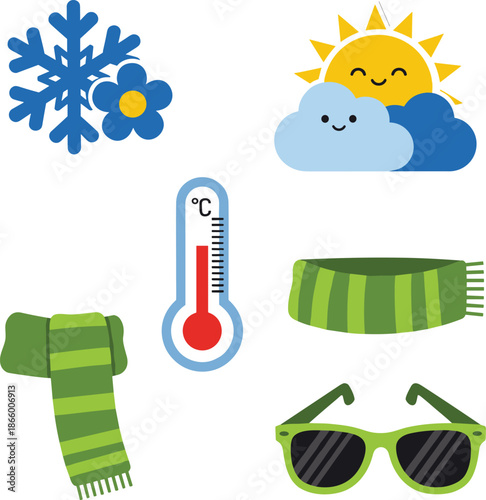 Weather icons for seasonal temperature changes and clothing