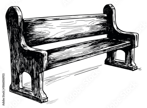 Hand drawn line art illustration of a church pew depicting a classic wooden design for religious themes