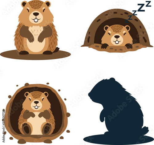 Cute groundhog illustrations in various poses and burrows