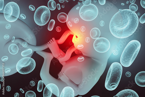 Canvas-taulu Human Fetus with Placenta and Umbilical Cord on a Red Blood Cells Background