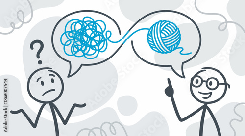 Stick figures showing complex tangled yarn converting to organized simple ball representing problem-solving process, concept for business consulting, therapy sessions and simplification strategies