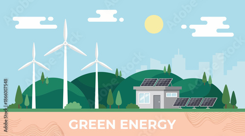 Flat vector illustration of wind turbines and a solar-powered house on green hills near a city, concept for renewable energy usage, sustainable technology development and environment conservation