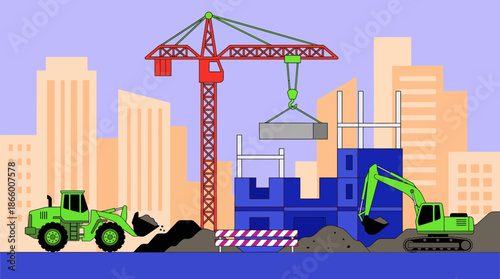 Urban construction site vector illustration featuring a crane, excavator and loader developing new infrastructure, concept for real estate promotion, engineering brochures and industrial safety