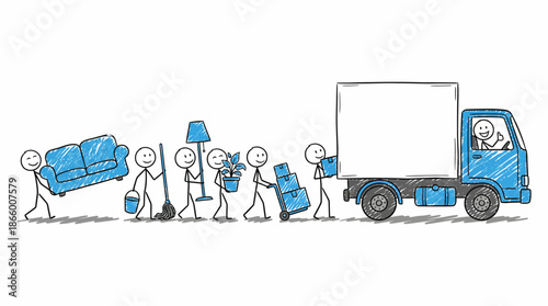 Stick figures moving household items like a blue couch and boxes into a moving truck, driven by a smiling logistic manager, concept for relocation services, home delivery and packaging solutions