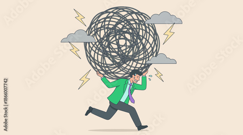 Stressed business executive running while carrying tangled chaos ball under stormy sky and lightning, concept for workload pressure, mental health issues and business challenges