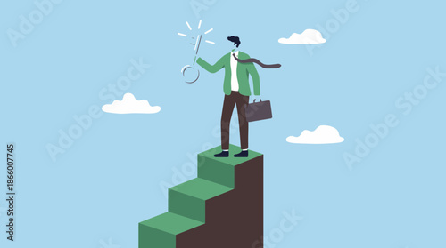 Male business executive standing on the peak of steps holding a glowing key symbol of success under a clear blue sky, concept for career achievement, problem solving and business opportunity