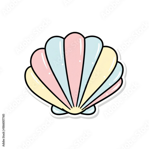 Pastel colored seashell illustration with png isolated transparent background black outline and white border