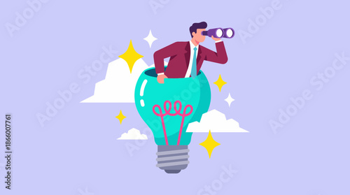 Male business executive looking through binoculars from inside a large glowing light bulb, representing vision and ideas, concept for strategy development, creative thinking and new idea search