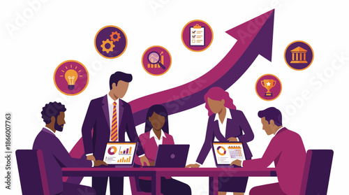 Diverse team of corporate executives collaborating in a strategy meeting focused on growth analysis, concept for business strategy, financial planning and organizational success