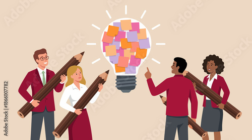 Diverse business people holding giant pencils brainstorming ideas inside a lightbulb of sticky notes, concept for creative workshops, strategic planning sessions and startup innovation