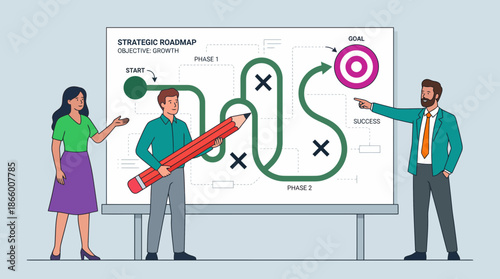 Business team presenting a strategic roadmap for growth on a screen, navigating start-to-goal obstacles, concept for strategy consultation, project management and corporate objective setting