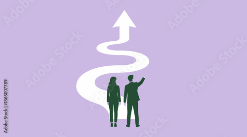 Silhouettes of executive managers standing before a difficult upward winding path leading to success arrow, concept for career progression, business strategy and future planning