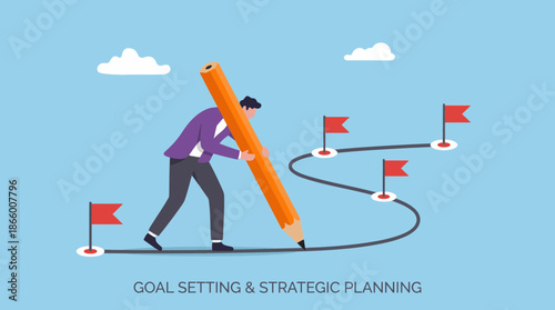 Corporate manager drawing the strategic path connecting milestones with a large pencil illustration, concept for business management, long term vision and project development