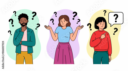 Diverse group of people expressing confusion and deep thought with floating question marks, concept for problem solving, corporate consulting and FAQ sections