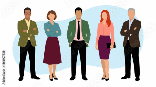 Flat vector illustration of five diverse business executives standing in professional corporate attire, concept for corporate leadership, organizational structure and professional team building