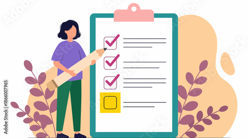 Business executive marking completed tasks on a giant clipboard checklist illustration, concept for time management, project planning and goal achievement