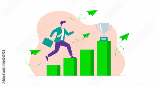 Determined business manager running up a rising green bar graph towards a silver trophy, concept for professional success, goal achievement and motivation