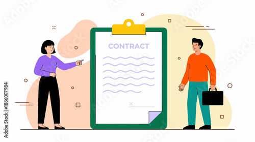 Female contract manager points out the details of a large contract document on a clipboard to a male businessman, concept for legal consultation, business agreement and employment signing