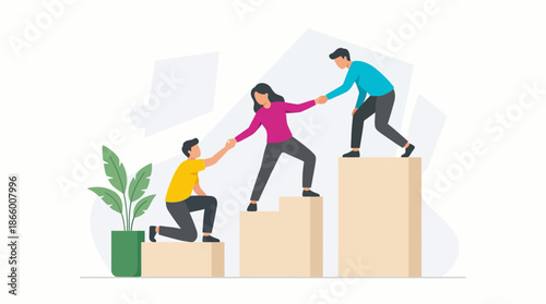 Three colleagues collaborating, climbing upward steps in a detailed flat vector graphic, concept for business growth, team success and executive motivation