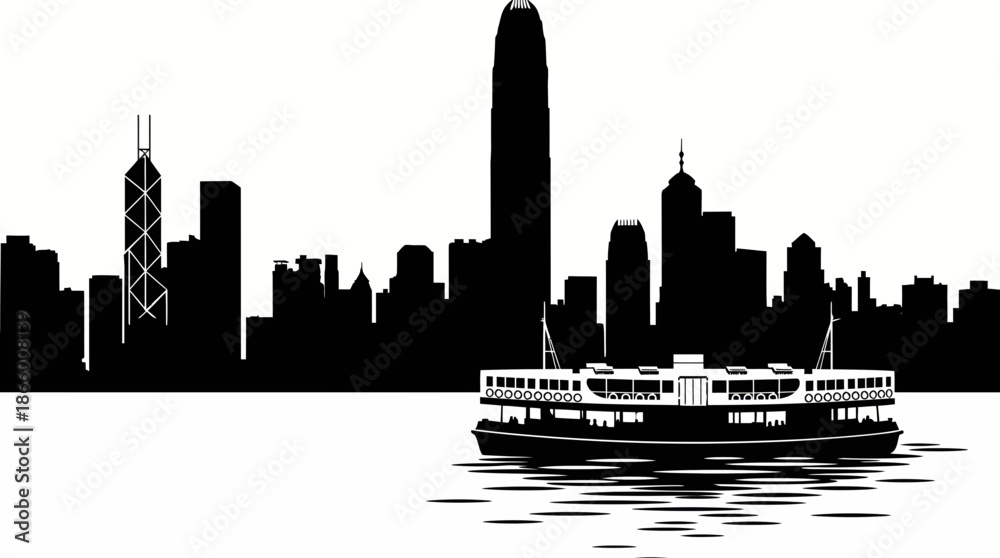 Obraz premium Graphic silhouette illustration of the Hong Kong cityscape with Star Ferry navigating Victoria Harbour, concept for Asian travel promotion, urban posters and financial district branding