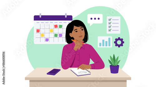 Female professional planning tasks and deadlines next to a calendar, checklist, data graphs and gear icon, concept for workflow management, business organization and productivity apps