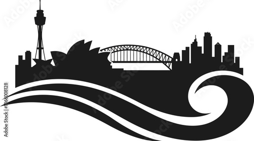 Black Sydney city vector skyline silhouette featuring the Opera House and Harbour Bridge above stylized waves, concept for travel promotion, urban branding and Australian design