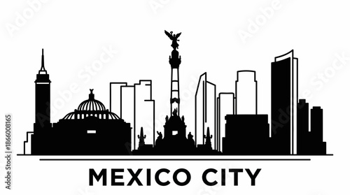 Black Mexico City skyline silhouette featuring Angel of Independence and modern towers against a clean white backdrop, concept for travel brochures, cultural event promotion and city branding assets
