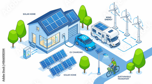 Isometric smart home system with solar panels, EV charging, wind turbines and sustainable transport, concept for renewable energy infographics, smart city design and environmental campaign