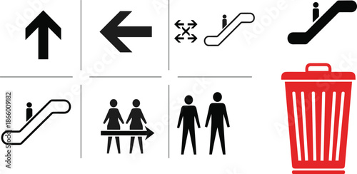 direction, arrow, icon, set, escalator, elevator, restroom, people, trash, symbol, signage, navigation, wayfinding, public, ui, ux, interface, vector, flat, illustration