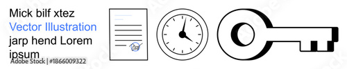 Time management, security, authentication, organization, contract signing, task scheduling. Black-and-white icons of a document, clock and key. Time management and security concept