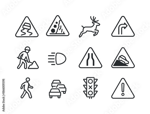 Roadway Danger Icons. Roadway dangers. Line icon set of roadway dangers: slippery road, falling rocks sign, wildlife crossing sign, sharp turn sign, roadwork