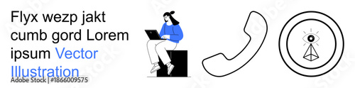 Digital communication, remote work, surveillance, technology, cybersecurity, online interaction. Woman using a laptop, phone icon and pyramid with an eye. Communication and cybersecurity concept