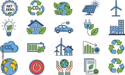 sustainability, renewable, energy, icons, set, net, zero, carbon, co2, recycling, solar, wind, electric, vehicle, eco, home, green, technology, climate, illustration