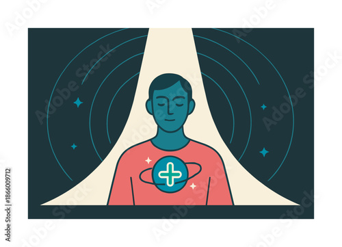 Divine Emblem Highlight. Sacred illumination. A beam highlights a floating emblem over a figure?s chest; gentle spark lines orbit like divine presence. Calm