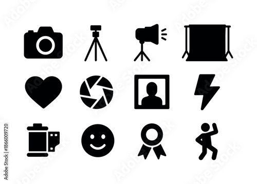 Creative Photoshoot Icons. Creative photoshoot. Solid icon set of creative photoshoot: camera, tripod, light, backdrop, heart, lens, frame, flash, photo roll,