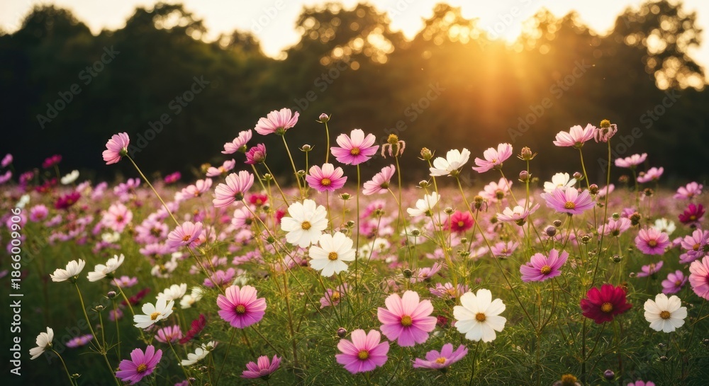 Fototapeta premium Sunlit field of cosmos flowers with varying shades of pink, white, and red blossoms