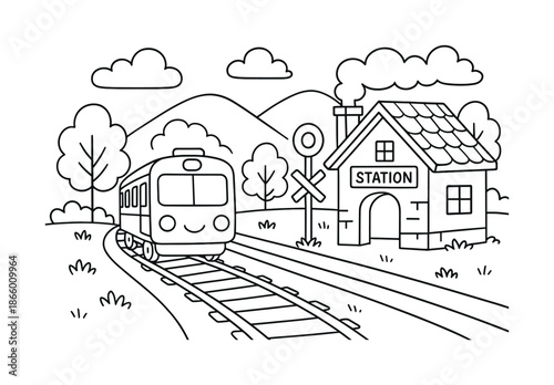 Cheerful Train Station. Countryside railway station children?s coloring book illustration, outlined drawing, a small cheerful station with a simple train