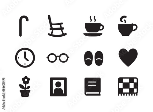 Senior Living Icons. Senior Living. Solid icon set of Senior Living: cane, rocking chair, bed, tea cup, clock, glasses, book, slippers, flower pot, photo