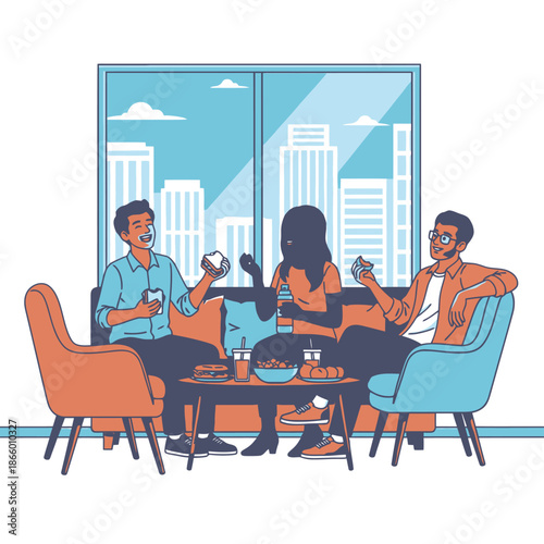 Vibrant 2D flat graphic illustration of happy employees enjoying an informal lunch break together, talking and laughing in the bright office lounge area