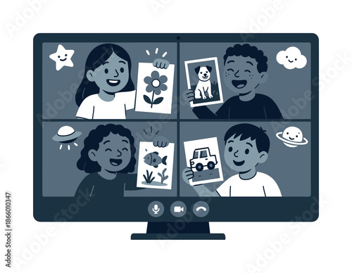 Virtual Classroom Fun. Virtual classroom break. Kids share drawings and photos during a casual online moment, with playful stickers hovering above each screen.