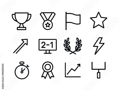 Winning Streak Icons. Winning Streak. Line icon set of Winning Streak: trophy, medal, flag, star, upward arrow, scoreboard, laurel wreath, lightning bolt,