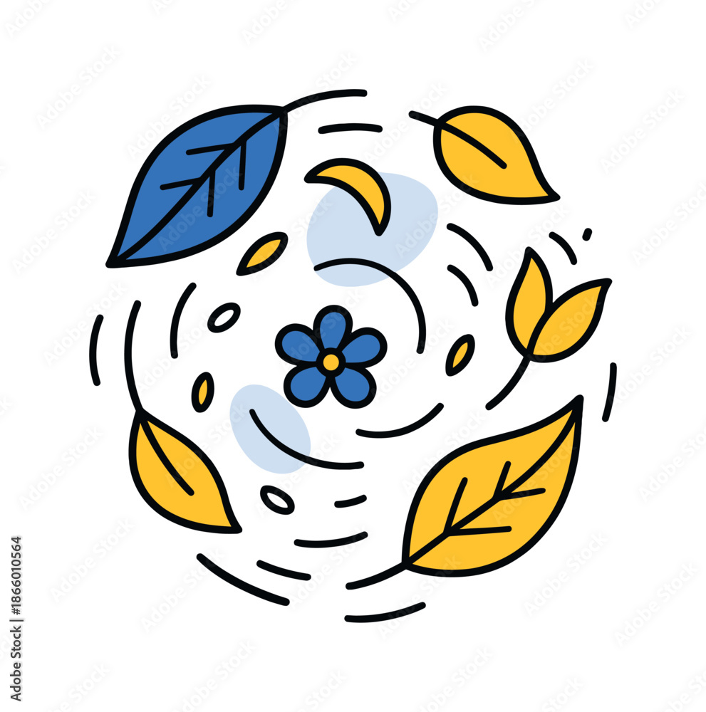 Naklejka premium Airborne Natural Dance. Airborne Harmony. Leaves, petals, and tiny seeds drift gently in coordinated arcs, forming a soft circular composition. Curved breeze
