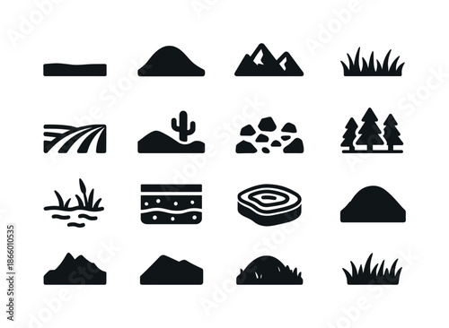 Land Icon Collection. Land. Solid icon set of Land: flat terrain, hill icon, mountain range, grass field, farmland plot, desert landscape, rocky ground, forest