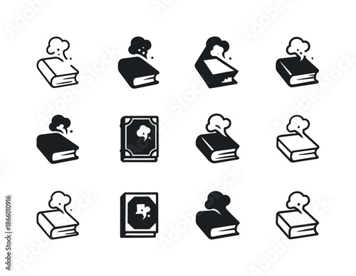 Dusty Tome Icons. Dusty tome. Icon set. Set Logo of Dusty tome: ancient book. harmonious logo variations of the same emblematic concept, each with different